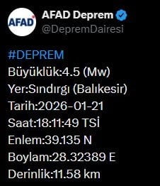AFET VE ACİL DURUM YÖNETİMİ BAŞKANLIĞI (AFAD), BALIKESİR’DE 4.5 BÜYÜKLÜĞÜNDE DEPREM MEYDANA...