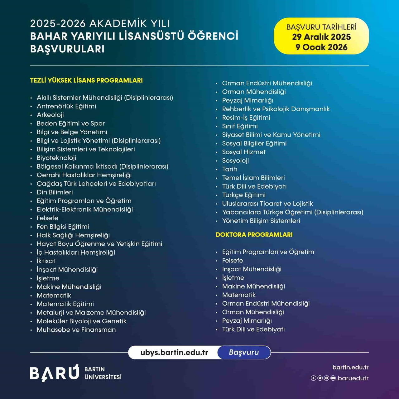 BARÜ’NÜN 55 LİSANSÜSTÜ EĞİTİM PROGRAMINA ÖĞRENCİ ALIMI DEVAM EDİYOR