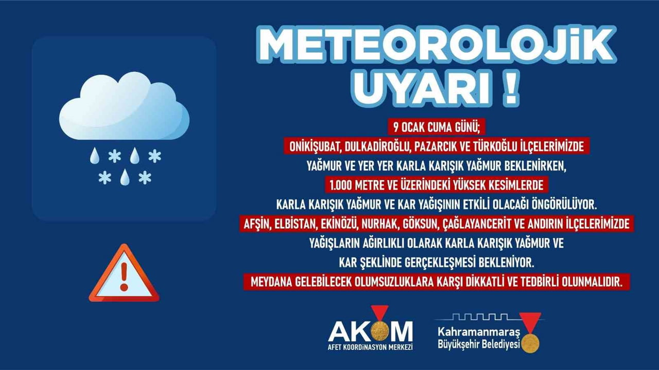 KAHRAMANMARAŞ BELEDİYESİ AFET KOORDİNASYON MERKEZİ, 9 OCAK CUMA GÜNÜ ŞEHİR GENELİNDE YAĞMUR VE KAR...