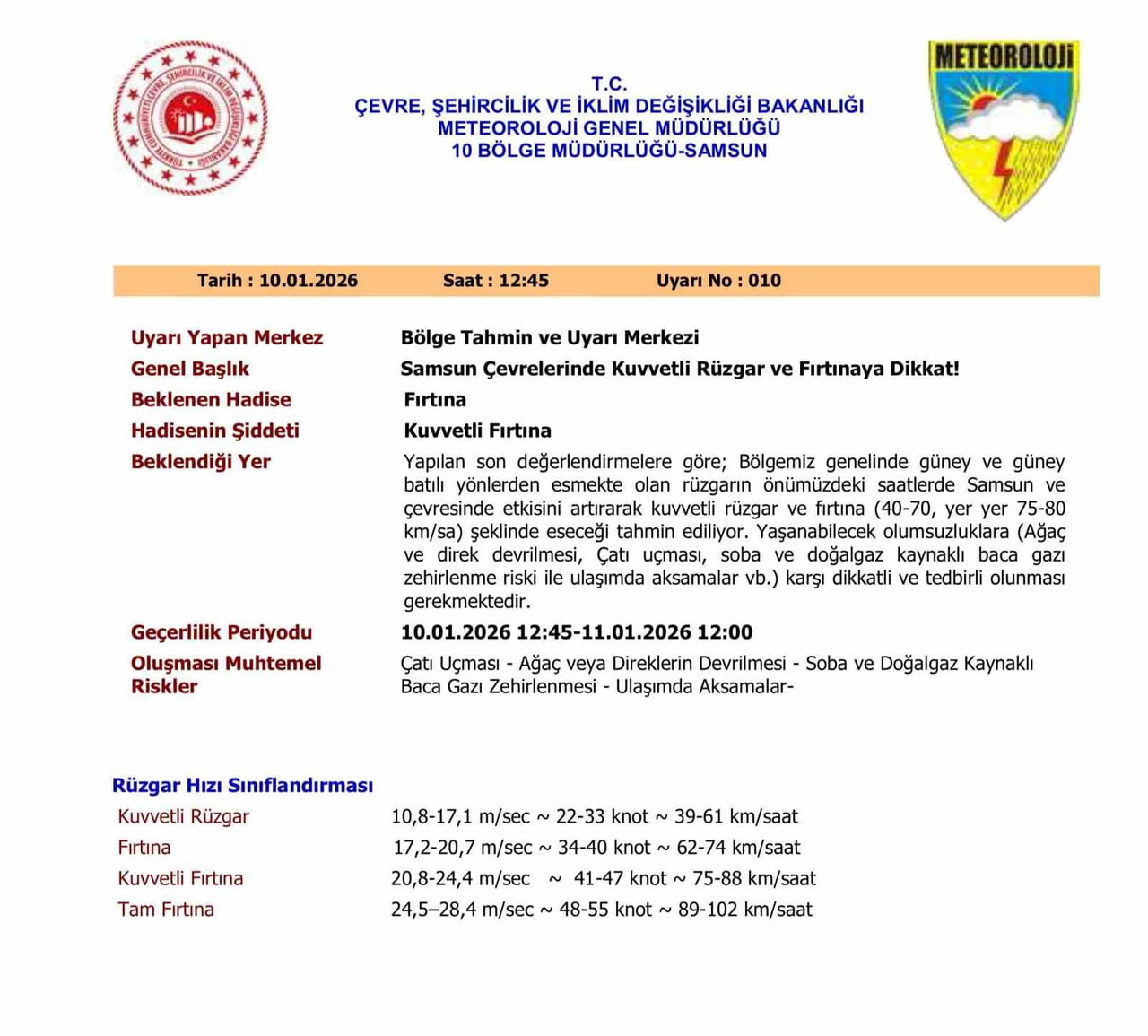 METEOROLOJİ GENEL MÜDÜRLÜĞÜ 10. BÖLGE MÜDÜRLÜĞÜ, SAMSUN VE ÇEVRELERİ İÇİN KUVVETLİ RÜZGAR VE...
