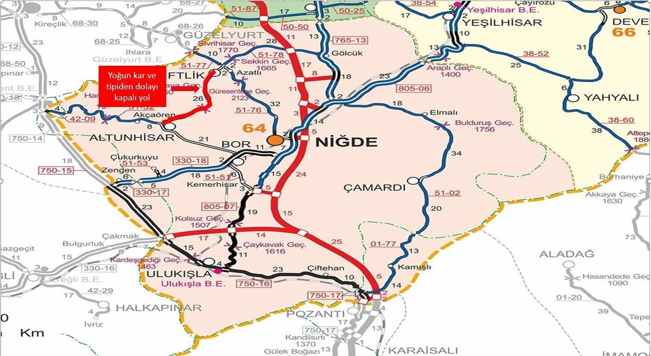 NİĞDE VALİLİĞİ, ETKİLİ OLAN KAR YAĞIŞI VE TİPİ NEDENİYLE KENTTE BAZI YOLLARIN GEÇİCİ OLARAK...