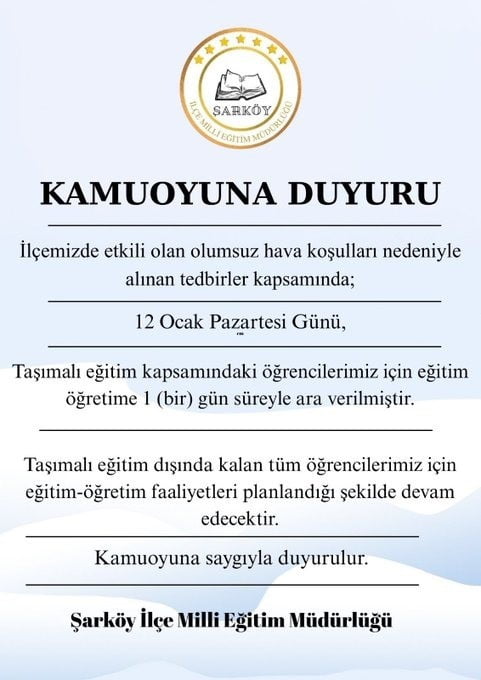 ŞARKÖY’DE TAŞIMALI EĞİTİME BİR GÜN ARA VERİLDİ